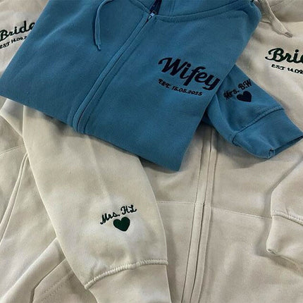 Wifey Embroidered Initial Zip Up Hoodie, Bride Sweater, Personalised Mrs Maid of Honour Hubby Jumper Bride and Groom Bachelorette Party Gift