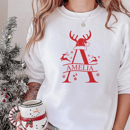 Custom Initial Christmas Sweatshirt, Custom Name Reindeer Horns Xmas Sweater, Personalise Family Matching Jumper, Christmas Couple Eve Gifts