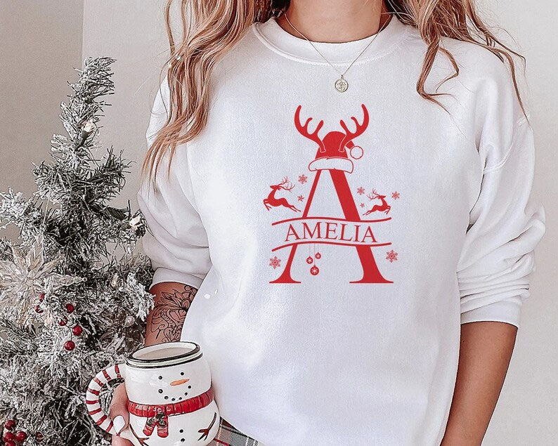 Custom Initial Christmas Sweatshirt, Custom Name Reindeer Horns Xmas Sweater, Personalise Family Matching Jumper, Christmas Couple Eve Gifts