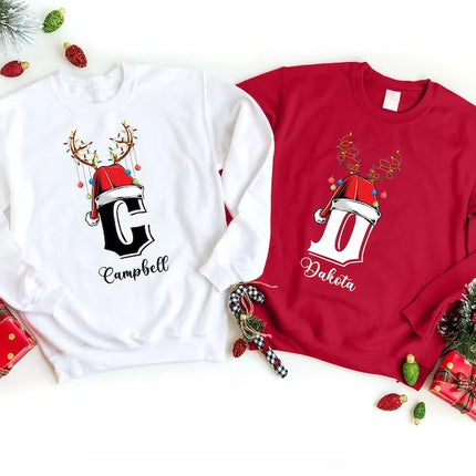 Christmas Reindeer Horns Sweatshirt, Custom Name With Initials Printed Sweater, Personalised Family Pullover Jumper, Christmas Eve Party Top