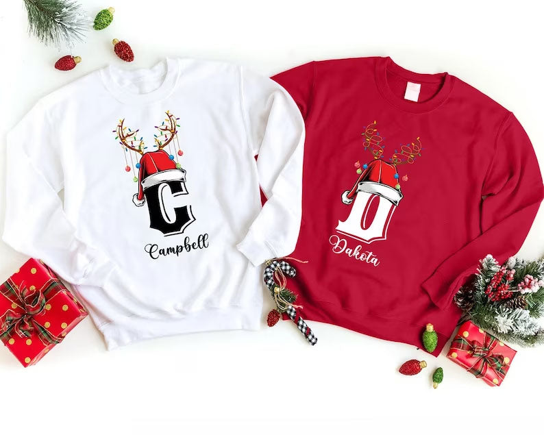 Christmas Reindeer Horns Sweatshirt, Custom Name With Initials Printed Sweater, Personalised Family Pullover Jumper, Christmas Eve Party Top