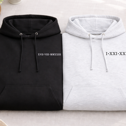 Embroidered Roman Numeral Couple Hoodie, Personalised Matching Anniversary Hoody, Initials GF BF Special Date Pullover Jumper, Fiance Gifts