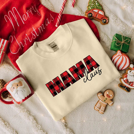 Mama Claus Daddy Claus Christmas Sweatshirt, Christmas Family Matching Sweater, Xmas Buffalo Plaid Printed Crewneck Tops, Christmas Eve Gift