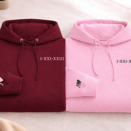 Personalised Matching Hoodie, Embroidered Roman Numeral Hoody, Custom Anniversary Initial Couple Matching Jumper, Relationship Gift for GF