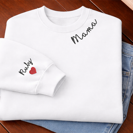 Embroidered Mama Crewneck Sweatshirt, Personalised Text Matching Mom Hoody, Custom Mum Jumper With Initial Heart, Mother Day Gift Womens Top