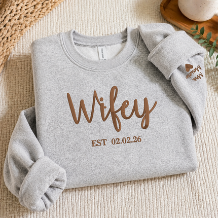Wifey Sweatshirt, Bride Embroidered Sweater, Personalised Mrs Jumper, Custom Date Bride And Groom Wedding Gift Bachelorette Party Bride Hood
