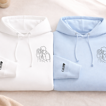 Custom Photo Embroidered Hoodie, Personalised Family Matching Sketch from Photo Unisex Jumper, 1st Anniversary Special Date Initial Outfits