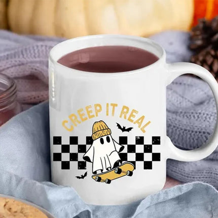 Halloween Ghosts Coffee Mugs, Creep It Real Halloween Printed Mugs, 11oz White Ceramic Cups, Ghost On Skateboard Cups, Fall Halloween Gifts