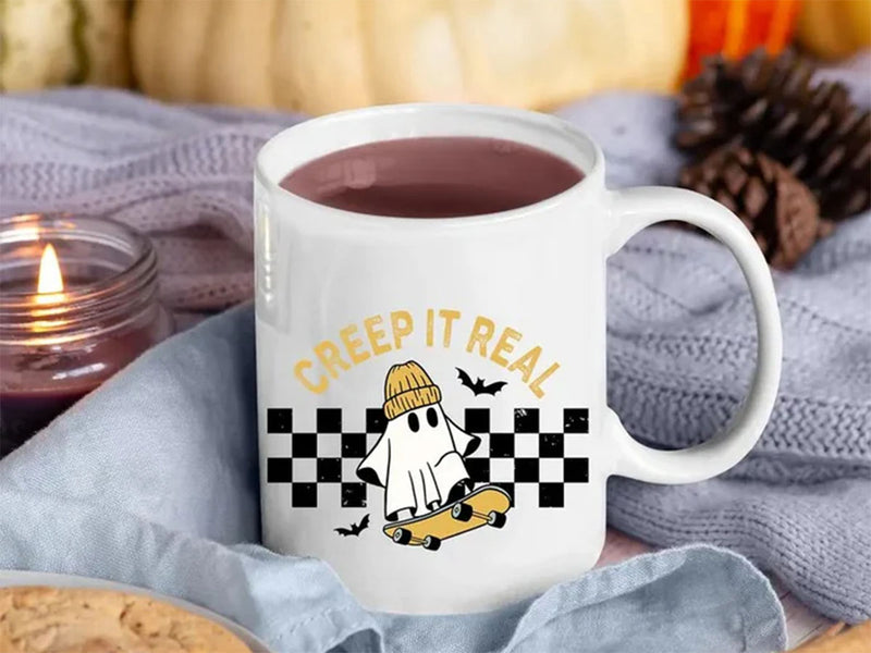 Halloween Ghosts Coffee Mugs, Creep It Real Halloween Printed Mugs, 11oz White Ceramic Cups, Ghost On Skateboard Cups, Fall Halloween Gifts