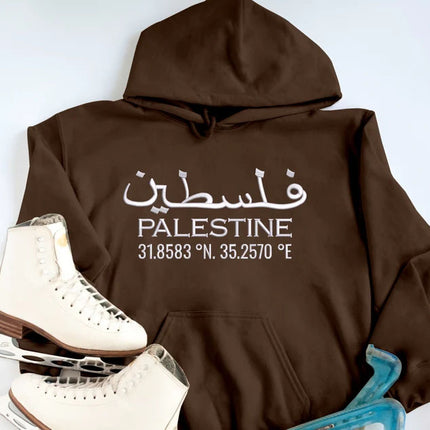 Palestine Hoodie, Embroidered Palestine Coordinates Hooded Sweatshirt, Support Palestine Save Gaza Freedom Jumper, Palestine Protest Tops