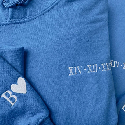 Personalised Roman Numeral Matching Hoodie, Embroidered Anniversary Couple Matching Jumper, Custom Initial Pullover Sweater, Gift for GF BF