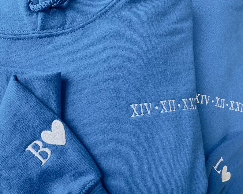 Personalised Roman Numeral Matching Hoodie, Embroidered Anniversary Couple Matching Jumper, Custom Initial Pullover Sweater, Gift for GF BF