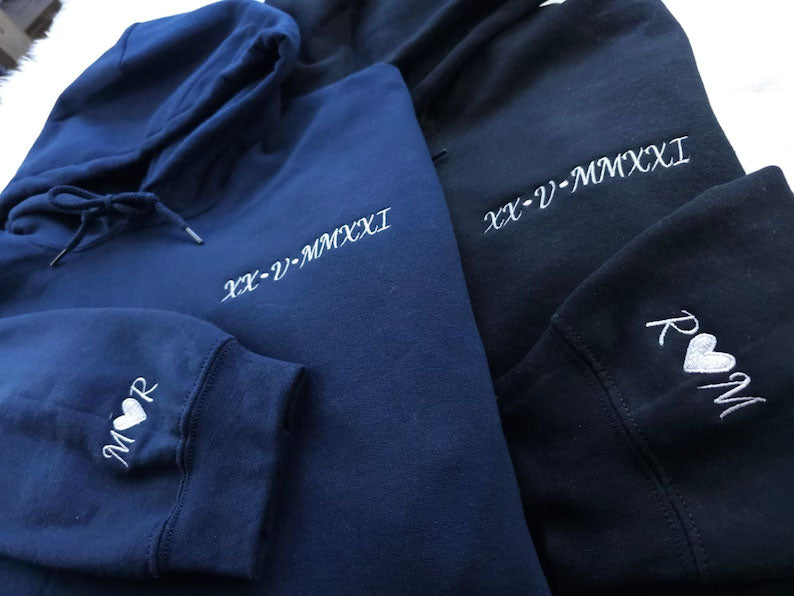 Personalised Matching Hoodie, Embroidered Roman Numeral Hoody, Custom Anniversary Initial Couple Matching Jumper, Relationship Gift for GF