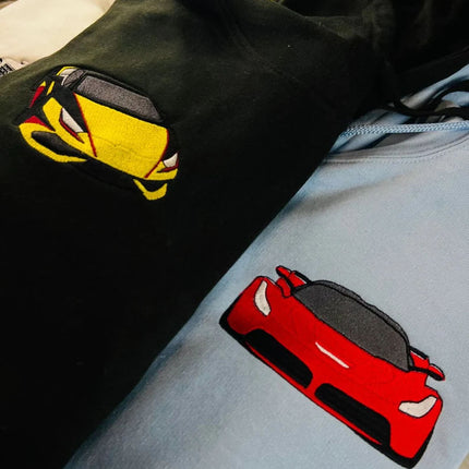 Personalised Car Sketch Embroidered Hoodie, Custom Cars Portrait Matching Sweater, Cars Lover Couple Jumper, Memorial Portrait New Dad Gifts