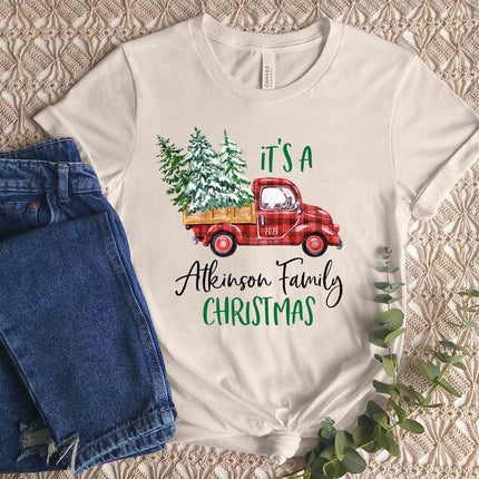 Christmas Matching Family Tshirt, Buffalo Plaid Christmas Truck Printed Shirts, Personalised Family Last Name Xmas Eve Matching Comfy Outfit