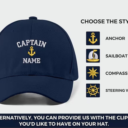 Custom Name Embroidered Captain Hats, Personalised Captain Monograms Cap with Text, Skipper Custom Baseball Cap, Sailing Boat Anchor Hats