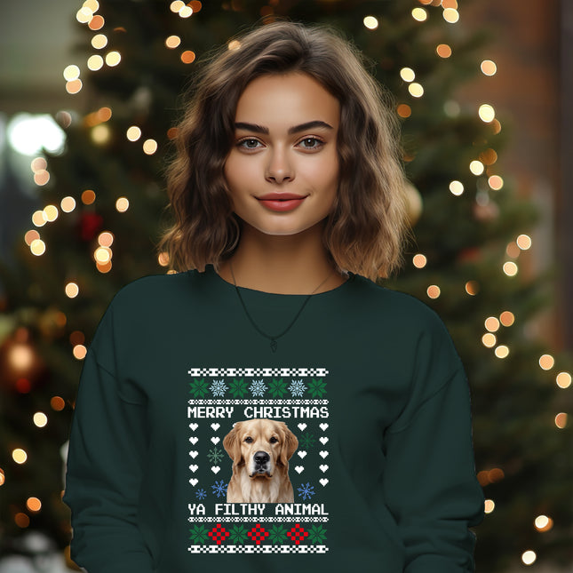 Personalised Photo Christmas Ugly Sweatshirt, Custom Dog Photo Xmas Printed Sweater, Ya Filthy Animal Dog Jumper, Funny Dog Lovers Xmas Gift