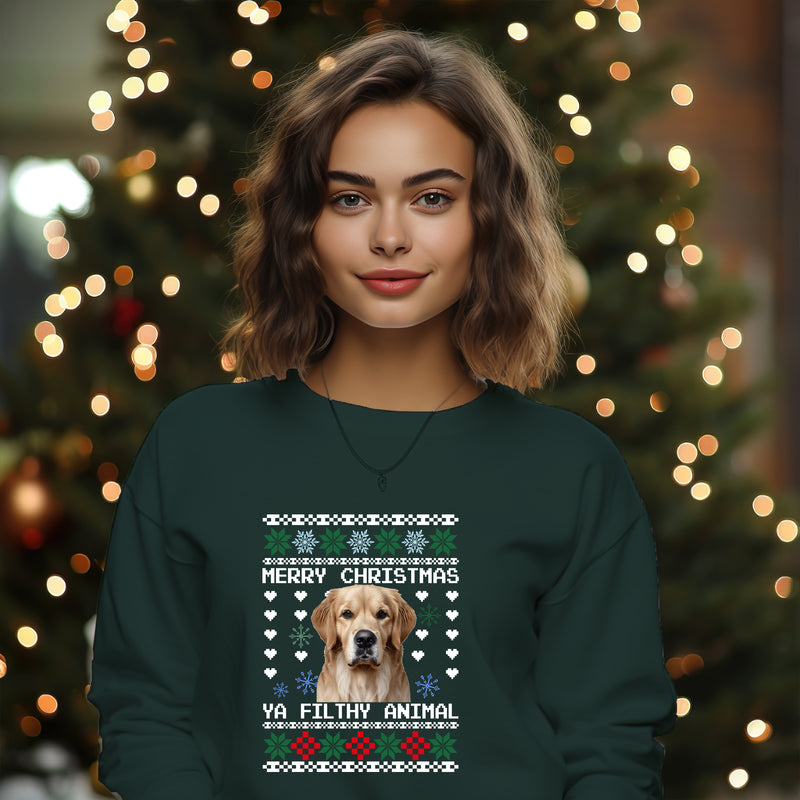 Personalised Photo Christmas Ugly Sweatshirt, Custom Dog Photo Xmas Printed Sweater, Ya Filthy Animal Dog Jumper, Funny Dog Lovers Xmas Gift