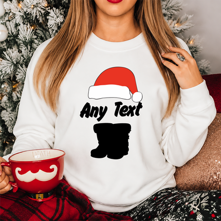 Custom Any Text Christmas Sweatshirt, Christmas Santa Hat & Shoes Printed Sweater, Xmas Eve Matching Jumper, Personalised Christmas Outfits