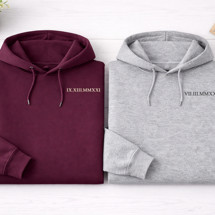 One Year Anniversary Roman Numeral Hoodie, Custom Wedding Date Embroidered Wifey Jumper, 7th Anniversary Gift Couple Matching Sweatshirt