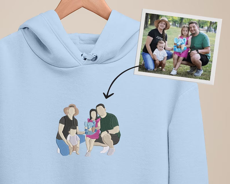 Embroidered By Photo Family Sketch Matching Hoody, Personalised One Year Anniversary Mrs Sweatshirt, Pet Portrait GF BF Memorial Date Gifts