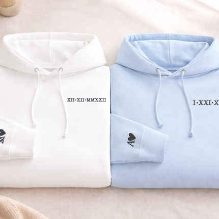 Embroidered Roman Numeral Couple Hoodie, Personalised Matching Anniversary Hoody, Initials GF BF Special Date Pullover Jumper, Fiance Gifts