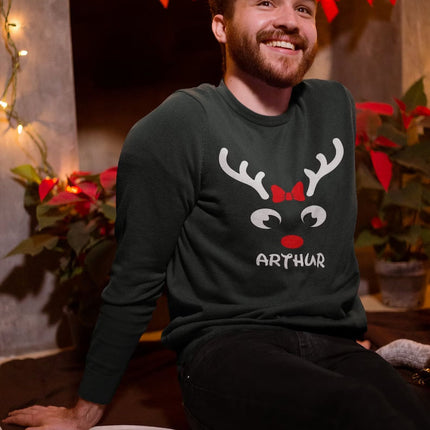Christmas Reindeer Horns Matching Sweater, Personalised Name Printed Sweatshirt, Custom Family Matching Jumper, Christmas Holiday Outfits