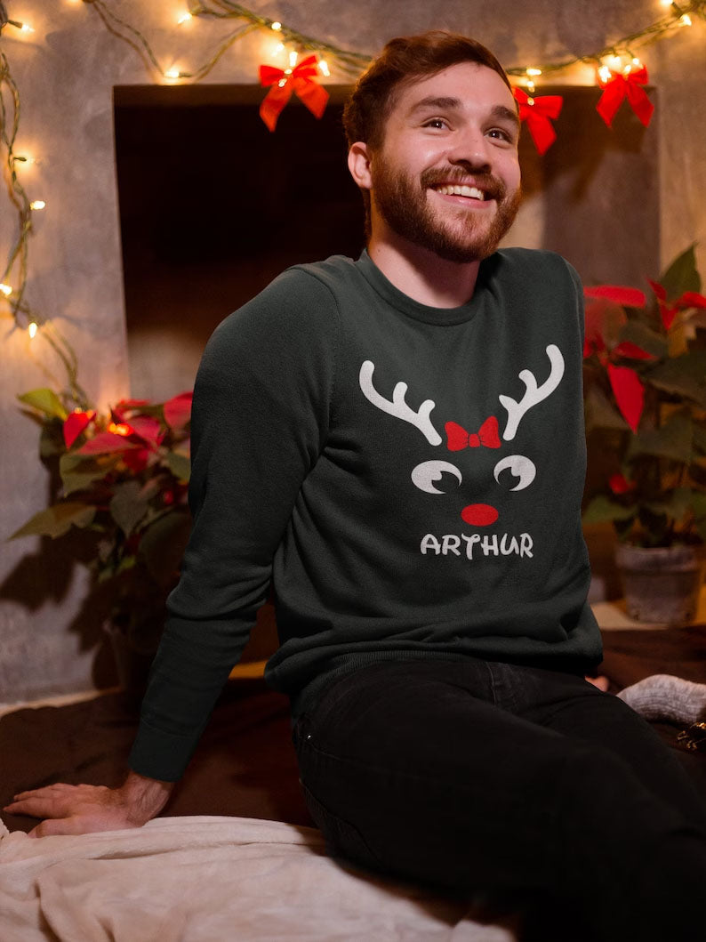 Christmas Reindeer Horns Matching Sweater, Personalised Name Printed Sweatshirt, Custom Family Matching Jumper, Christmas Holiday Outfits