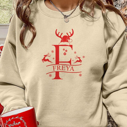 Custom Initial Christmas Sweatshirt, Custom Name Reindeer Horns Xmas Sweater, Personalise Family Matching Jumper, Christmas Couple Eve Gifts