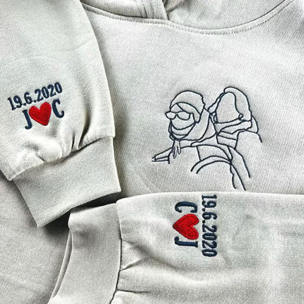 Custom Photo Embroidered Hoodie, Personalised Family Matching Sketch from Photo Unisex Jumper, 1st Anniversary Special Date Initial Outfits