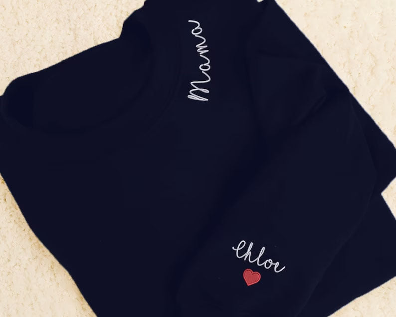 Embroidered Mama Crewneck Sweatshirt, Personalised Text Matching Mom Hoody, Custom Mum Jumper With Initial Heart, Mother Day Gift Womens Top