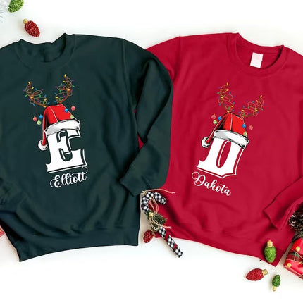 Christmas Reindeer Horns Sweatshirt, Custom Name With Initials Printed Sweater, Personalised Family Pullover Jumper, Christmas Eve Party Top