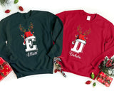 Christmas Reindeer Horns Sweatshirt, Custom Name With Initials Printed Sweater, Personalised Family Pullover Jumper, Christmas Eve Party Top