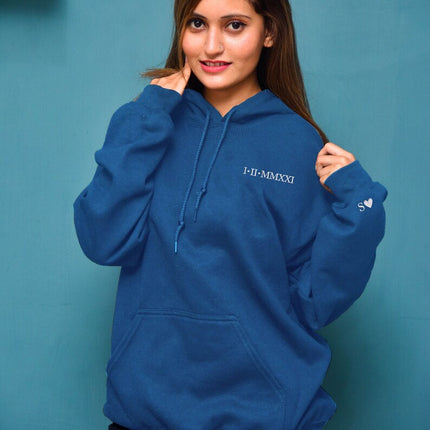 Roman Numeral Hoodie, Embroidered Hoodie, GF BF Couple Matching Sweater, Cotton Anniversary Wedding Special Date Roman Numeral Wifey Jumper