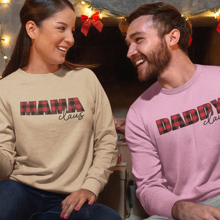 Mama Claus Daddy Claus Christmas Sweatshirt, Christmas Family Matching Sweater, Xmas Buffalo Plaid Printed Crewneck Tops, Christmas Eve Gift