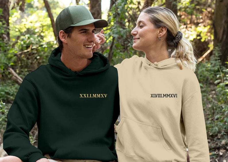 Roman Numerals Hoodie, Wedding 1 Year Anniversary Date Embroidered Sweatshirt, Personalised His and Hers Hoodies, Matching Best Friend Gifts