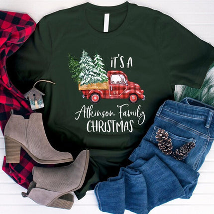 Christmas Matching Family Tshirt, Buffalo Plaid Christmas Truck Printed Shirts, Personalised Family Last Name Xmas Eve Matching Comfy Outfit