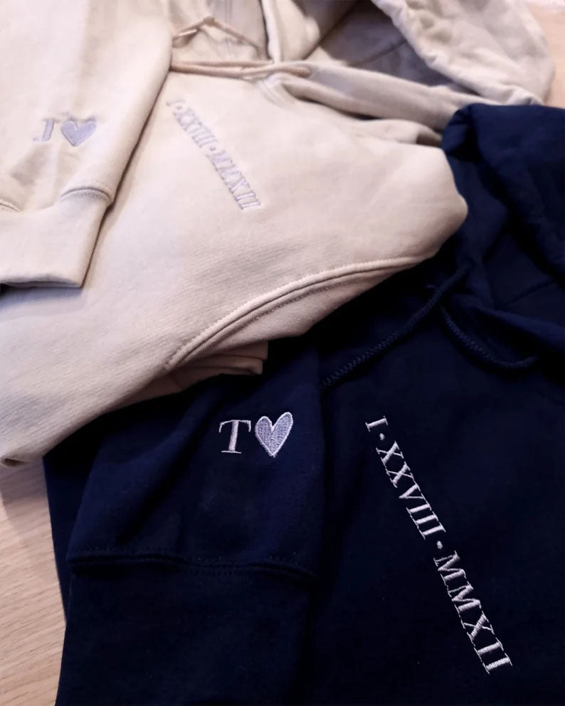 Personalised Embroidered Roman Numeral Hoodie, Custom Date with Initial Matching Couple Hoody, Minimalist Engagement Outfit, Mr and Mrs Gift