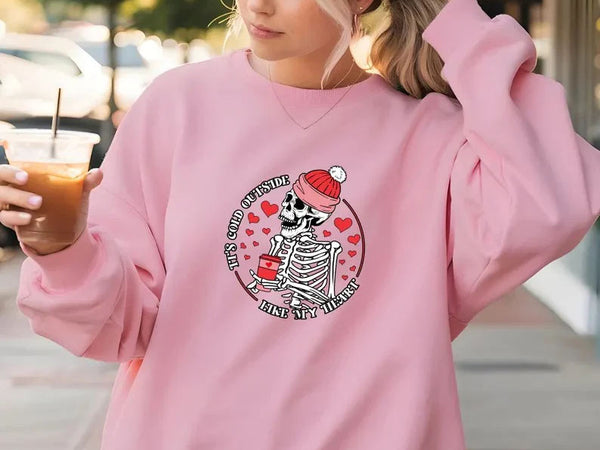 It's Cold Outside Like My Heart Sweatshirt, Funny Skeleton Valentines Day Printed Sweater, Winter Skeleton Crewneck Jumper, Valentines Gifts