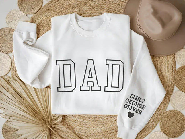 Personalised Dad Sweatshirt, Custom Kids Name On Sleeve Puff Printed Sweater, Embossed Fathers Day Jumper, Dad Birthday Gifts, New Dad Gift