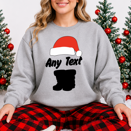 Custom Any Text Christmas Sweatshirt, Christmas Santa Hat & Shoes Printed Sweater, Xmas Eve Matching Jumper, Personalised Christmas Outfits