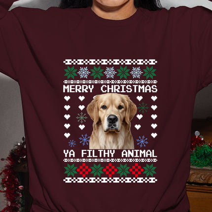 Personalised Photo Christmas Ugly Sweatshirt, Custom Dog Photo Xmas Printed Sweater, Ya Filthy Animal Dog Jumper, Funny Dog Lovers Xmas Gift