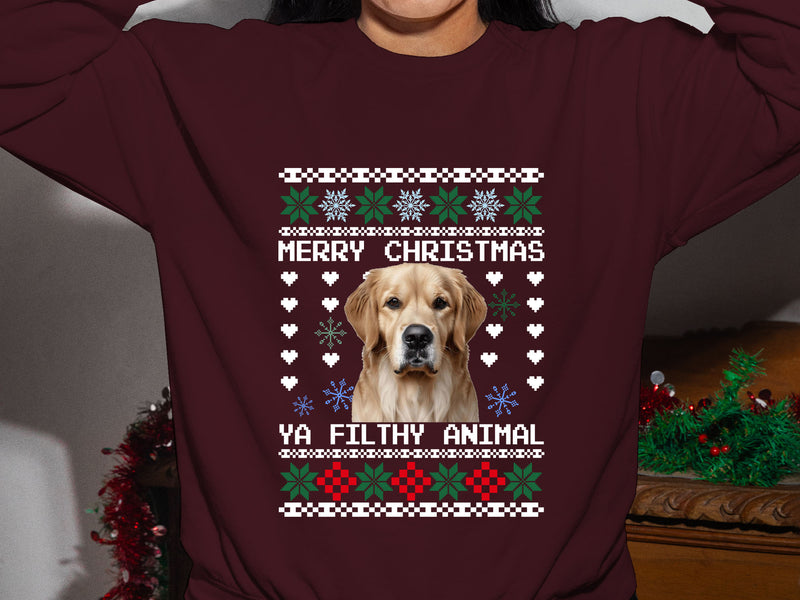 Personalised Photo Christmas Ugly Sweatshirt, Custom Dog Photo Xmas Printed Sweater, Ya Filthy Animal Dog Jumper, Funny Dog Lovers Xmas Gift