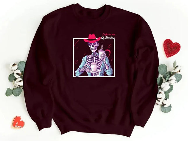 Valentines Skeleton Coffee Sweatshirt, Vintage Retro Couple Crewneck Jumper