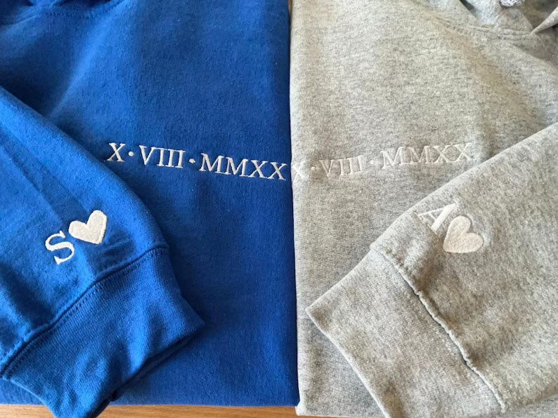 Personalised Matching Hoodie, Embroidered Roman Numeral Hoody, Custom Anniversary Initial Couple Matching Jumper, Relationship Gift for GF