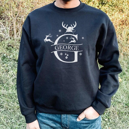 Custom Initial Christmas Sweatshirt, Custom Name Reindeer Horns Xmas Sweater, Personalise Family Matching Jumper, Christmas Couple Eve Gifts