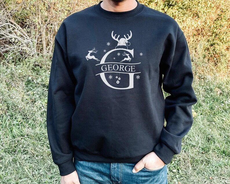 Custom Initial Christmas Sweatshirt, Custom Name Reindeer Horns Xmas Sweater, Personalise Family Matching Jumper, Christmas Couple Eve Gifts