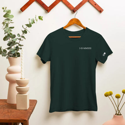 Custom Special Date Anniversary T Shirt, Roman Numeral Embroidered T Shirt, Personalised One Year Dating Gift For Couple Off White Tee Shirt