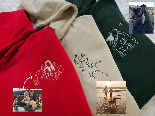 Custom Photo Embroidered Hoodie, Personalised Couple Sketch from Photo Unisex Hoodie, 1st Anniversary Special Date Initial Matching Jumper