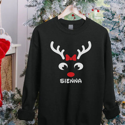 Christmas Reindeer Horns Matching Sweater, Personalised Name Printed Sweatshirt, Custom Family Matching Jumper, Christmas Holiday Outfits